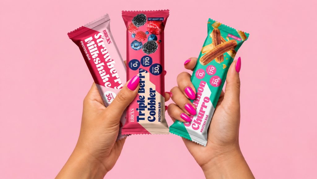 Protein bar product range with consistent design across multiple variants