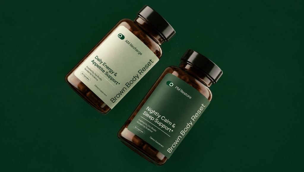 Coordinated wellness product branding across two supplement bottles