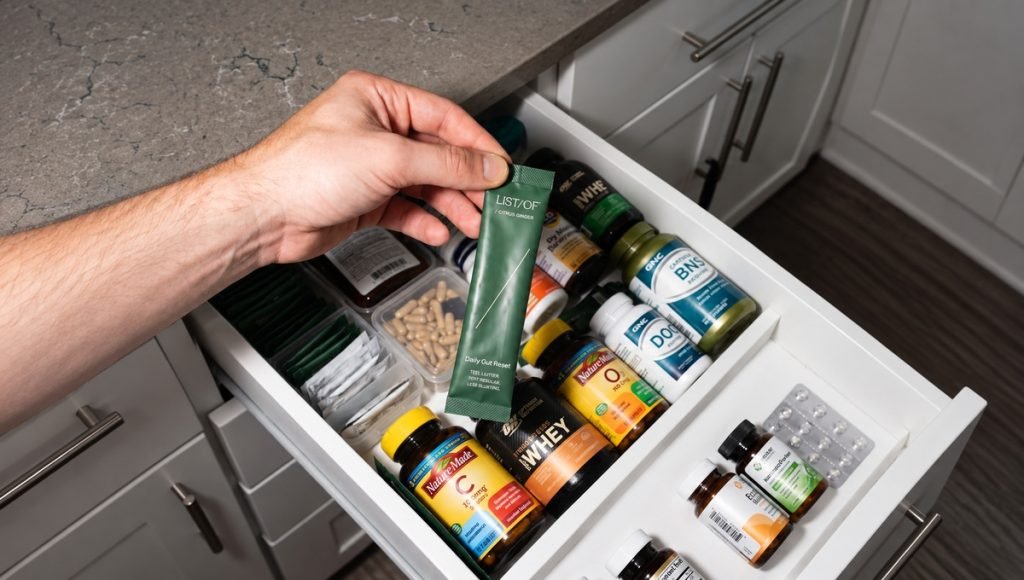 Different supplement packaging formats including bottles, capsules and stick packs