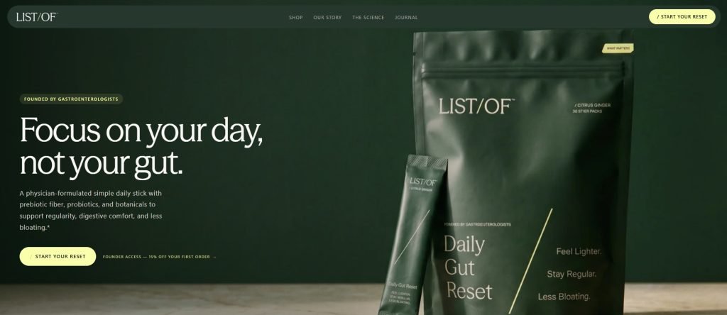 LIST/OF gut health website and product packaging by BeMain Studio