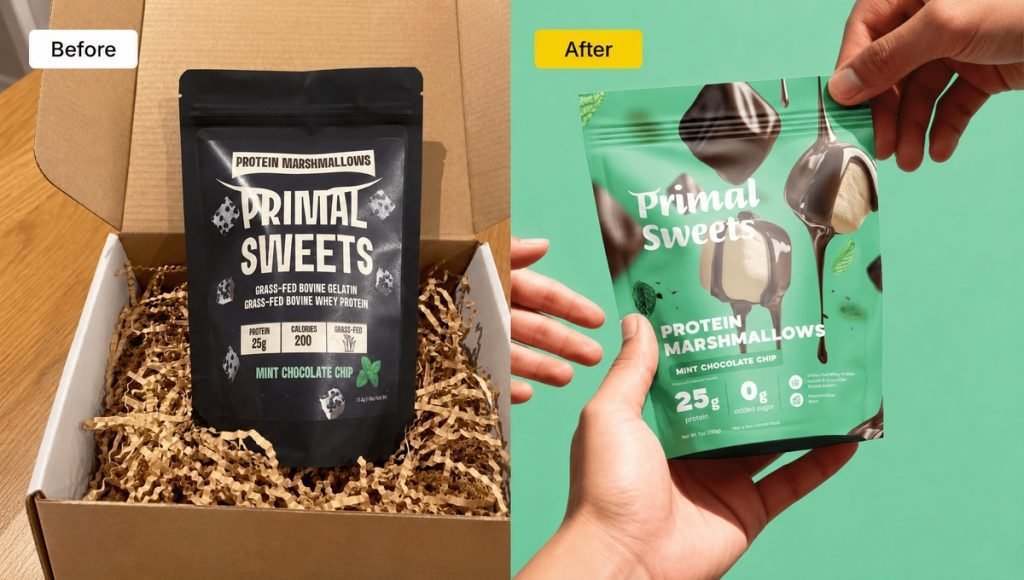 Primal Sweets protein marshmallow packaging redesign with colorful flavor variations