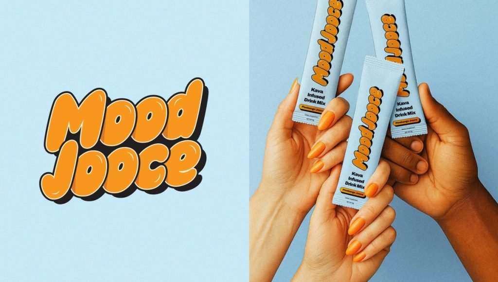 Product branding strategy shown through logo, packaging, and lifestyle visuals