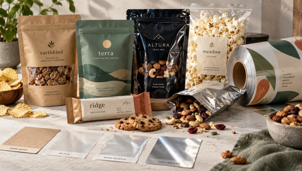 Flexible packaging materials for snack products including film, paper and pouches