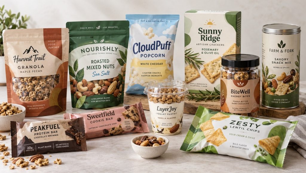 Snack packaging formats for bars, pouches, cartons, jars, and cups