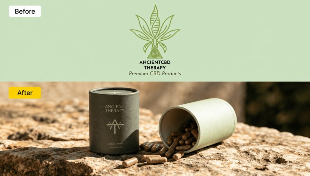 Ancient Therapy brand refresh before and after showing updated visual identity and packaging