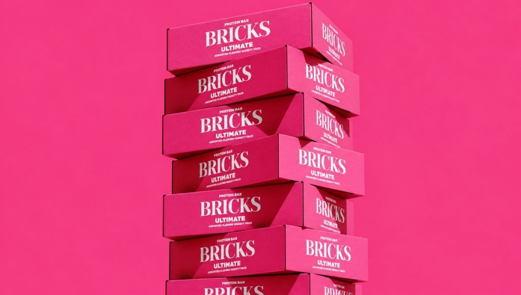 Bricks Protein food packaging design shown through snack bar boxes with bold typography and a compact layout.