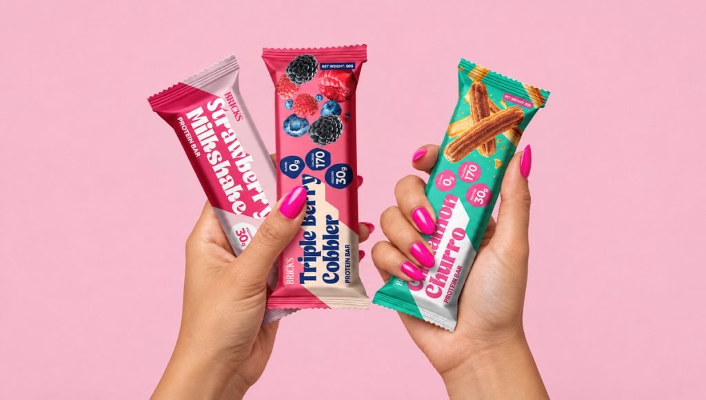 Food packaging design shown through Bricks Protein snack bar wrappers