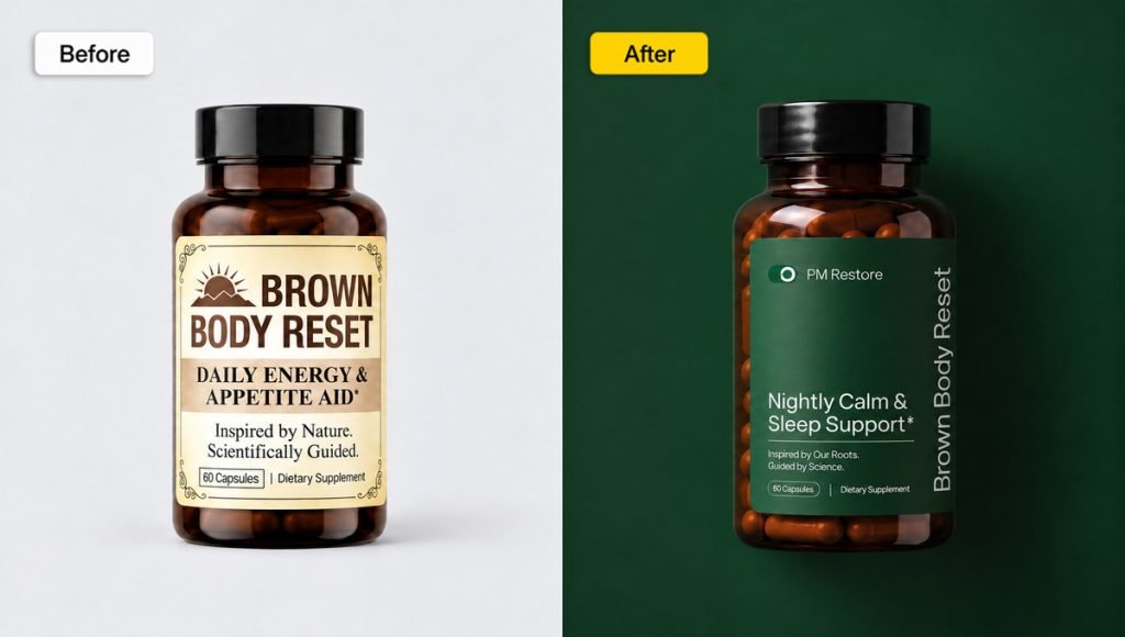 Brown Body Reset supplement packaging redesign with clear AM and PM product differentiation