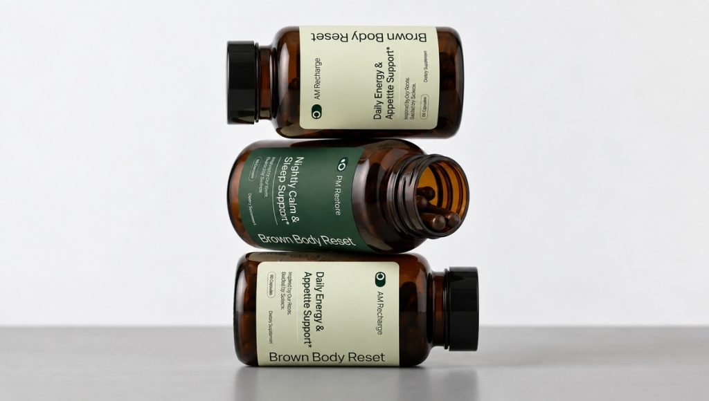 Brown Body Reset supplement label design across multiple products