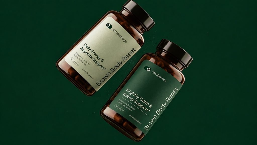 Brown Body Reset supplement label design across two product SKUs
