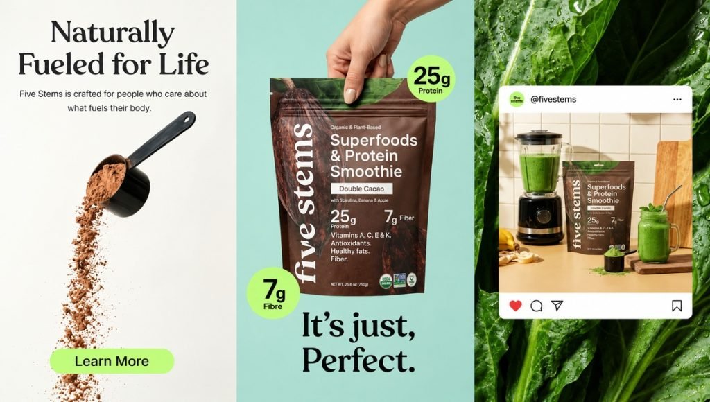 Five Stems food branding across packaging and digital touchpoints