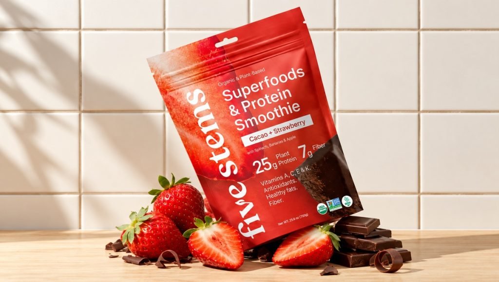 Five Stems superfood protein smoothie packaging with cacao and strawberry