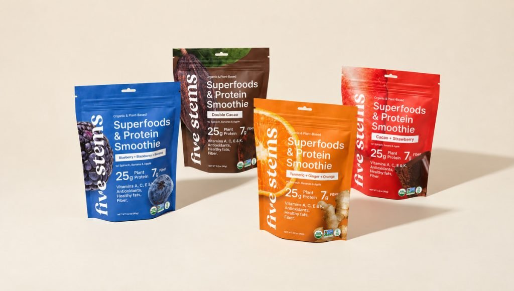 Five Stems superfoods and protein smoothie pouches shown in four flavor variants.