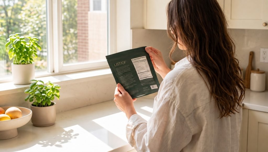 Woman reviewing Supplement Facts on LIST/OF supplement packaging