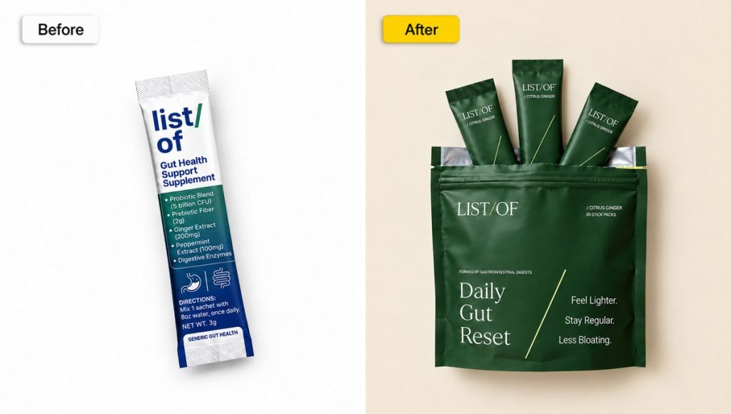 LIST/OF Daily Gut Reset packaging redesign with clear hierarchy and simplified supplement presentation