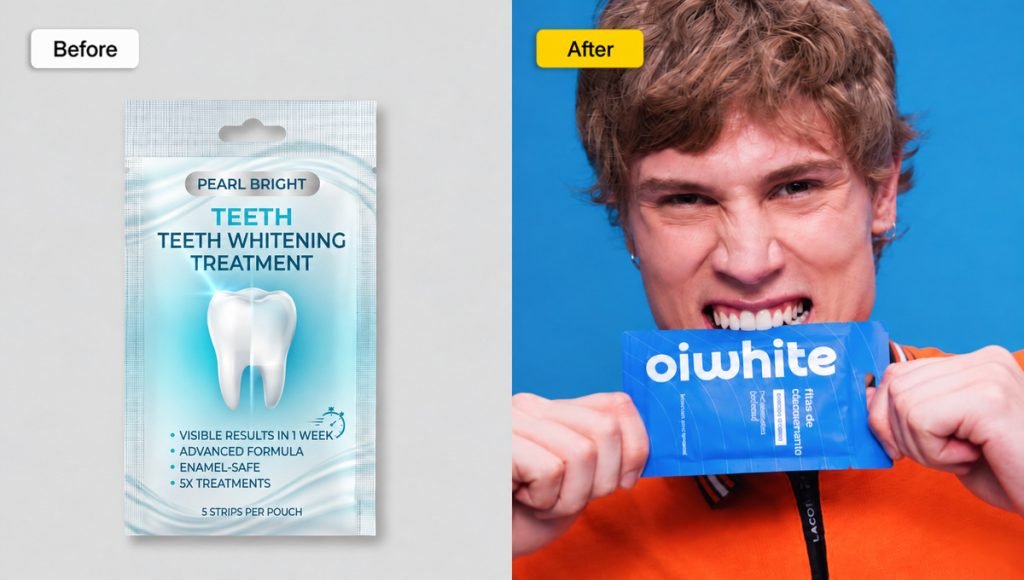 Oiwhite teeth whitening packaging redesign with bold colors and modern visual identity