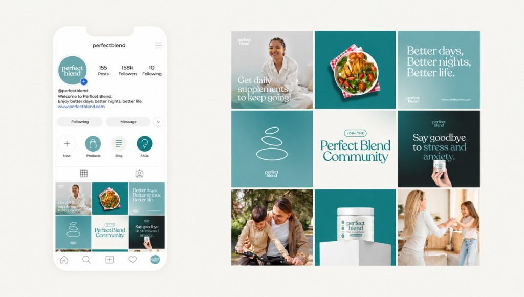 Perfect Blend brand refresh applied across social media, typography and product visuals
