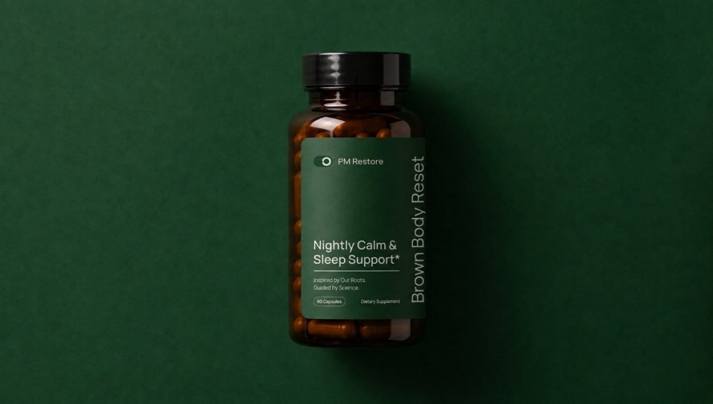 Brown Body Reset supplement label design on a sleep support bottle