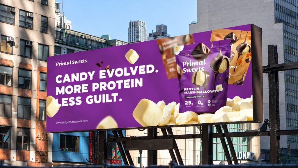Primal Sweets protein marshmallow packaging featured in a billboard advertisement