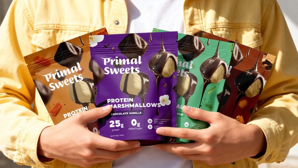 Primal Sweets food packaging design shown across multiple protein marshmallow flavors.