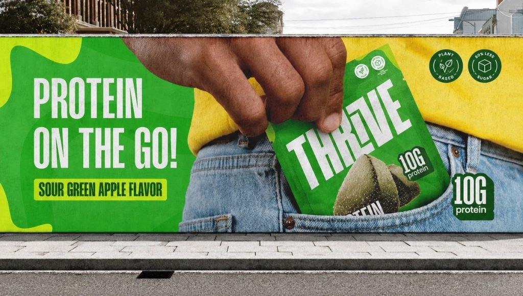 Thrive protein product featured in outdoor advertising with consistent brand identity
