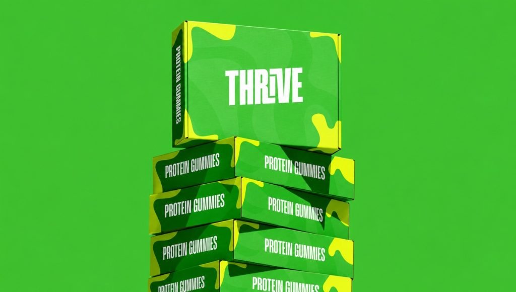 Thrive protein gummy packaging system with multiple green product boxes