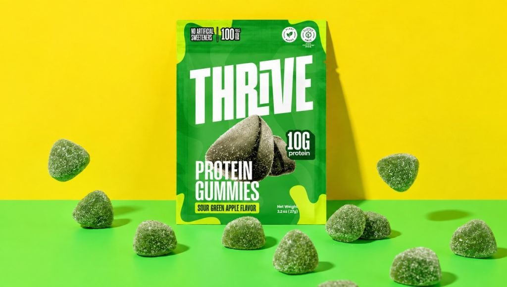 Thrive protein gummy packaging displayed in a colorful branded product system