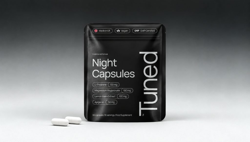 Product branding shown through sleep supplement packaging and visual identity