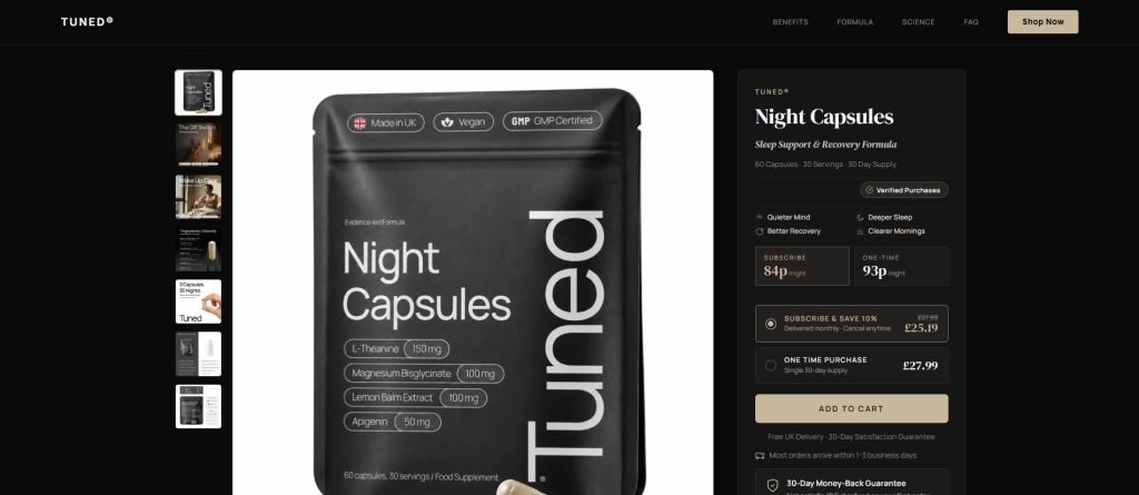 Tuned Night Capsules sleep supplement product page