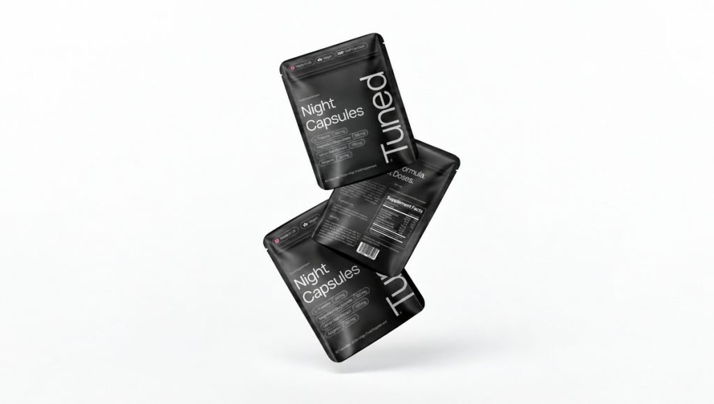 Tuned sleep supplement packaging showing front and back label design