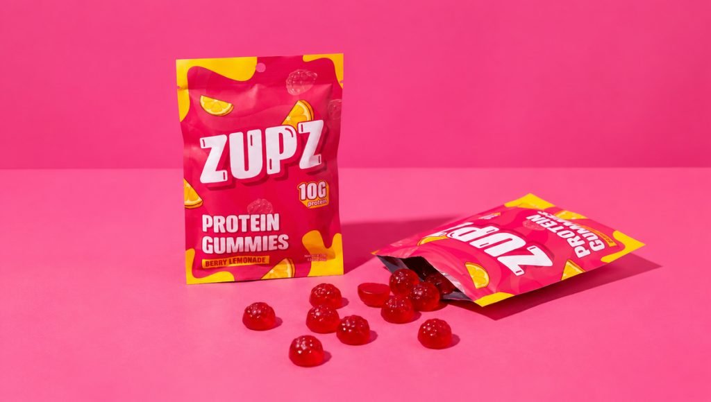 Zupz protein gummy packaging design by BeMain Studio featuring pink and yellow Berry Lemonade pouches with red gummies.