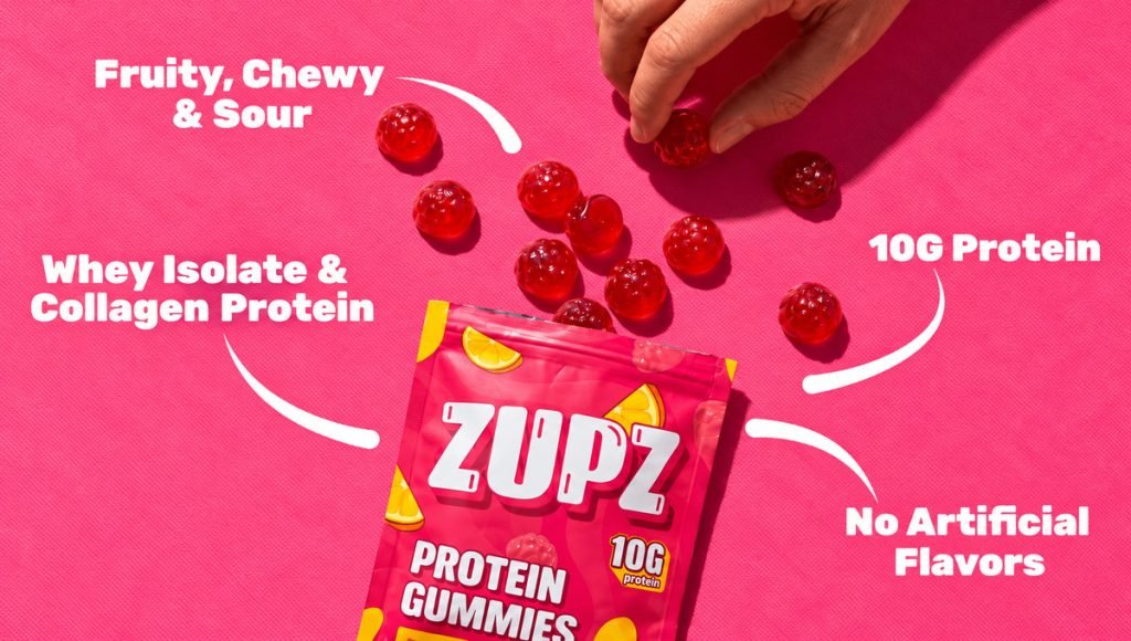 Zupz Berry Lemonade pouch designed by BeMain Studio, featuring colorful branding, red protein gummies, and nutritional benefit callouts.