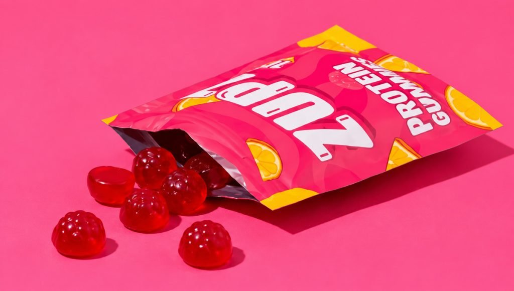 Open pink Zupz pouch by BeMain Studio featuring red protein gummies and a visible inner lining.